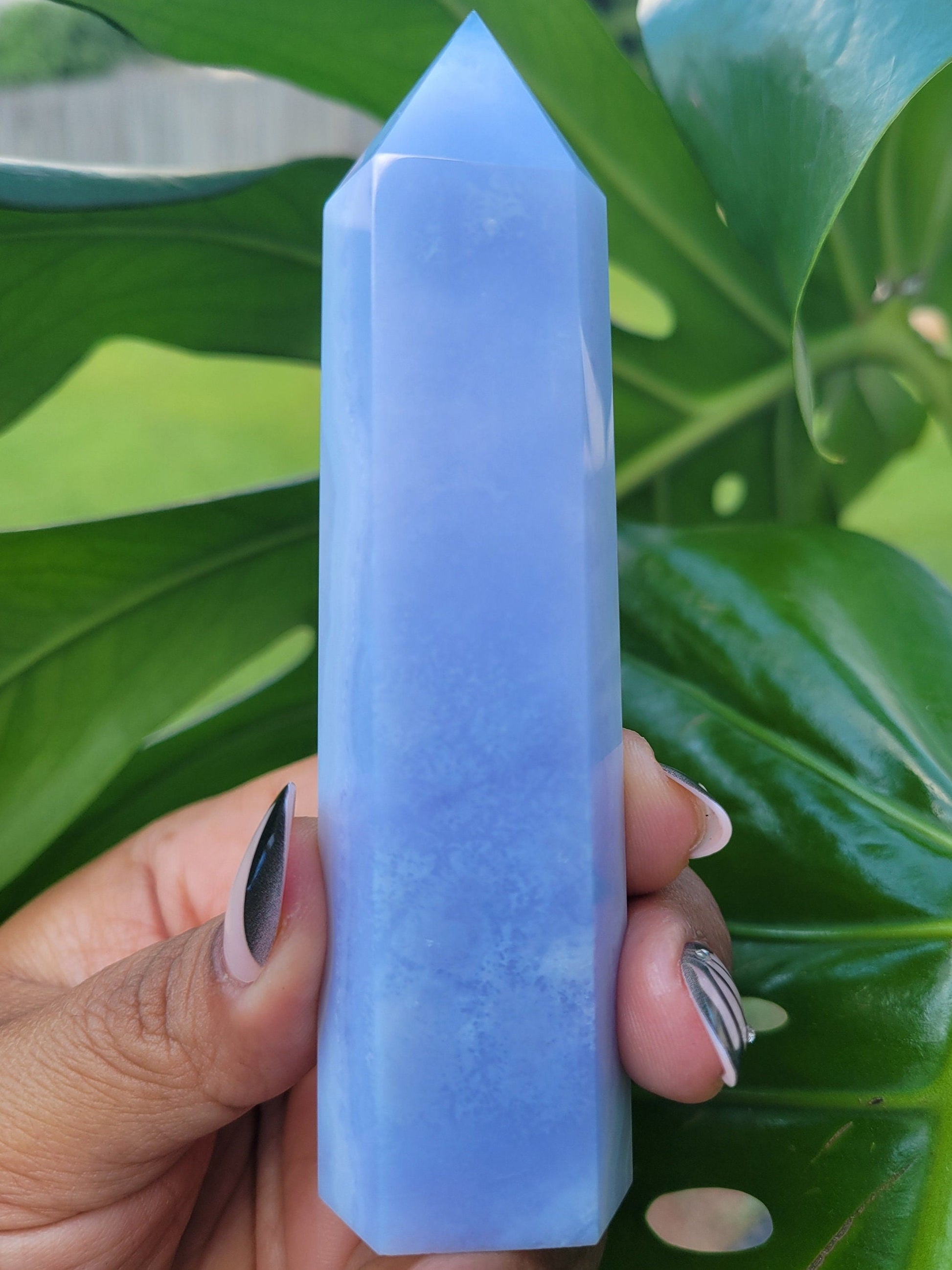 Beautiful Rare Druzy Blue Lace Agate Obelisk / Tower with Banding and Smoky Quartz | Birthday Christmas Gift Idea | Crystal Collectors