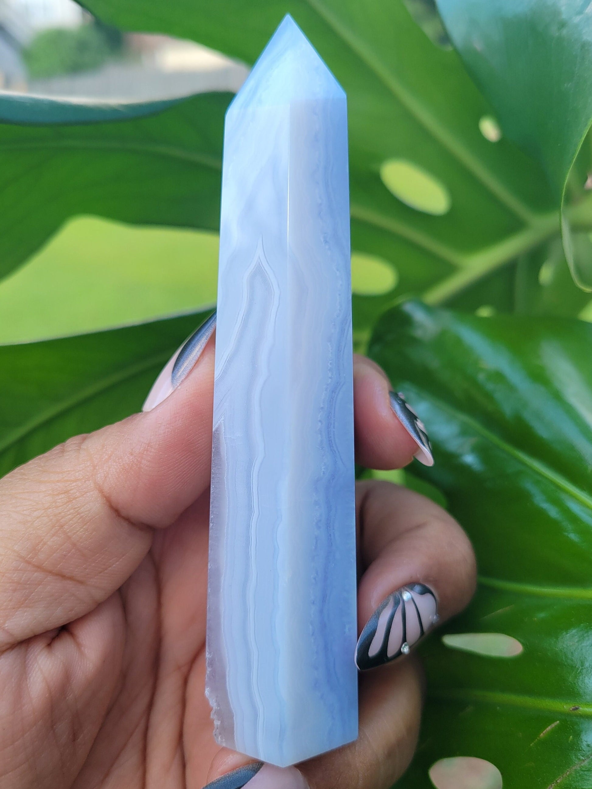 Beautiful Rare Druzy Blue Lace Agate Obelisk / Tower with Banding and Smoky Quartz | Birthday Christmas Gift Idea | Crystal Collectors