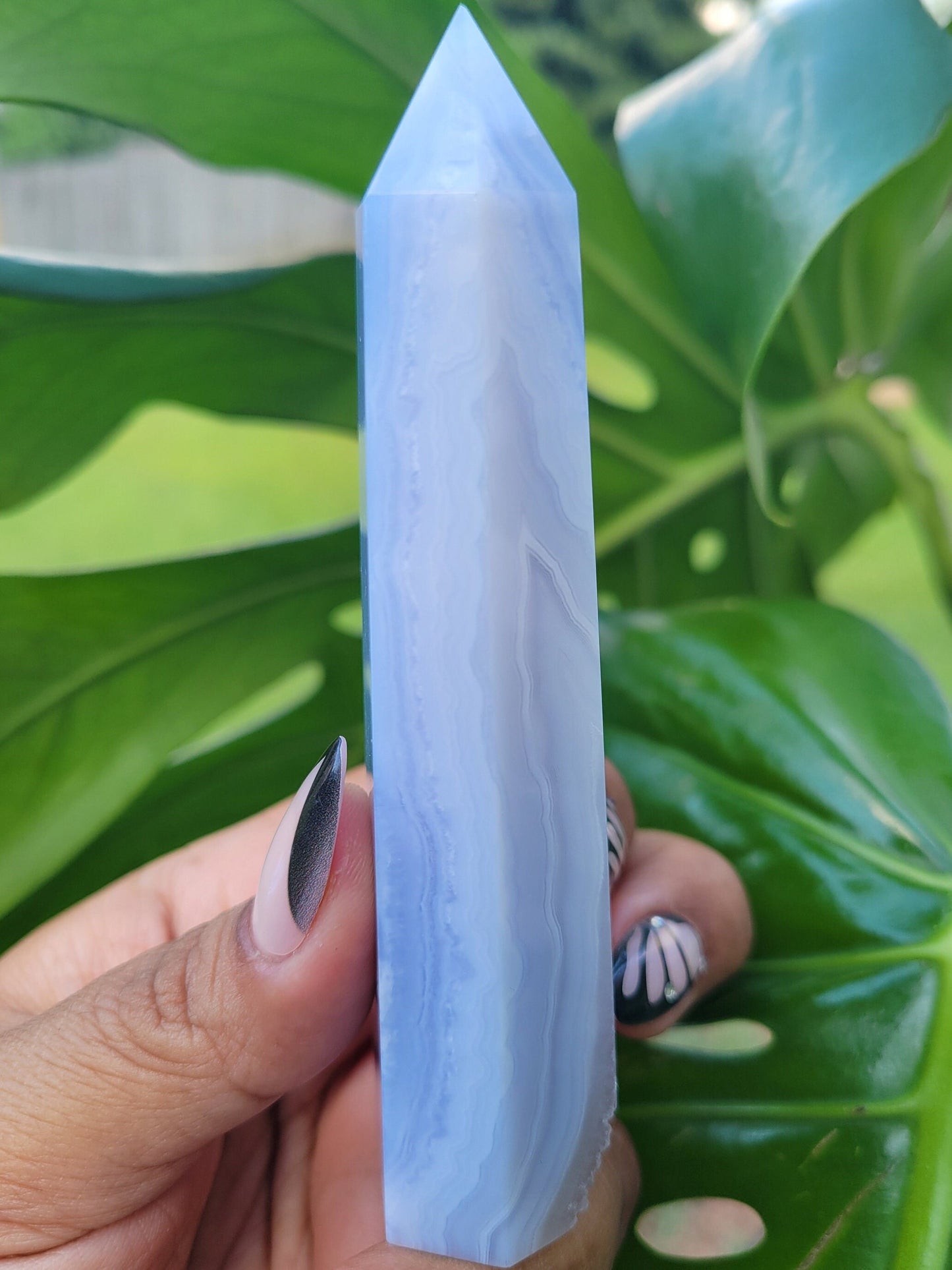 Beautiful Rare Druzy Blue Lace Agate Obelisk / Tower with Banding and Smoky Quartz | Birthday Christmas Gift Idea | Crystal Collectors