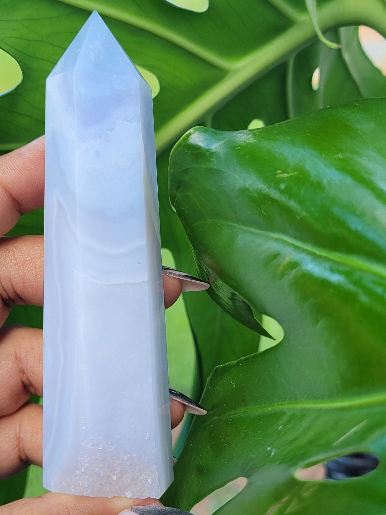 Beautiful Rare Druzy Blue Lace Agate Obelisk / Tower with Banding and Smoky Quartz | Birthday Christmas Gift Idea | Crystal Collectors