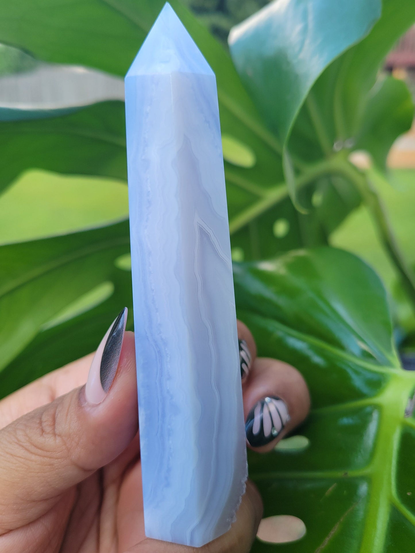 Beautiful Rare Druzy Blue Lace Agate Obelisk / Tower with Banding and Smoky Quartz | Birthday Christmas Gift Idea | Crystal Collectors