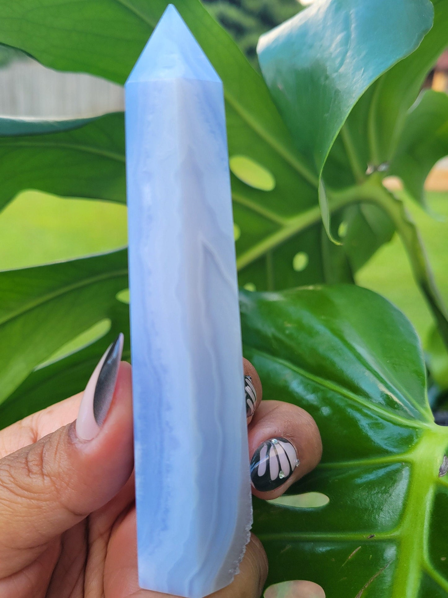Beautiful Rare Druzy Blue Lace Agate Obelisk / Tower with Banding and Smoky Quartz | Birthday Christmas Gift Idea | Crystal Collectors