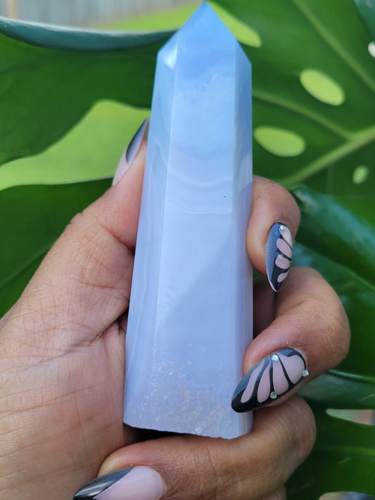 Beautiful Rare Druzy Blue Lace Agate Obelisk / Tower with Banding and Smoky Quartz | Birthday Christmas Gift Idea | Crystal Collectors