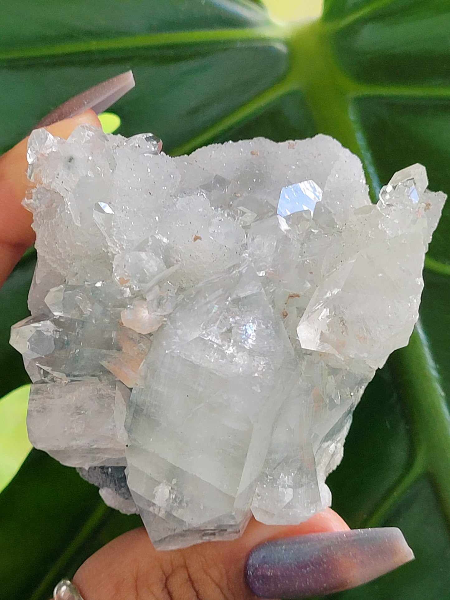 Gorgeous HQ Diamond Apophyllite with Peach Stilbite on Blue Chalcedony - India - Crystal Specimen - Crystal Collector - Home Decor - Gift