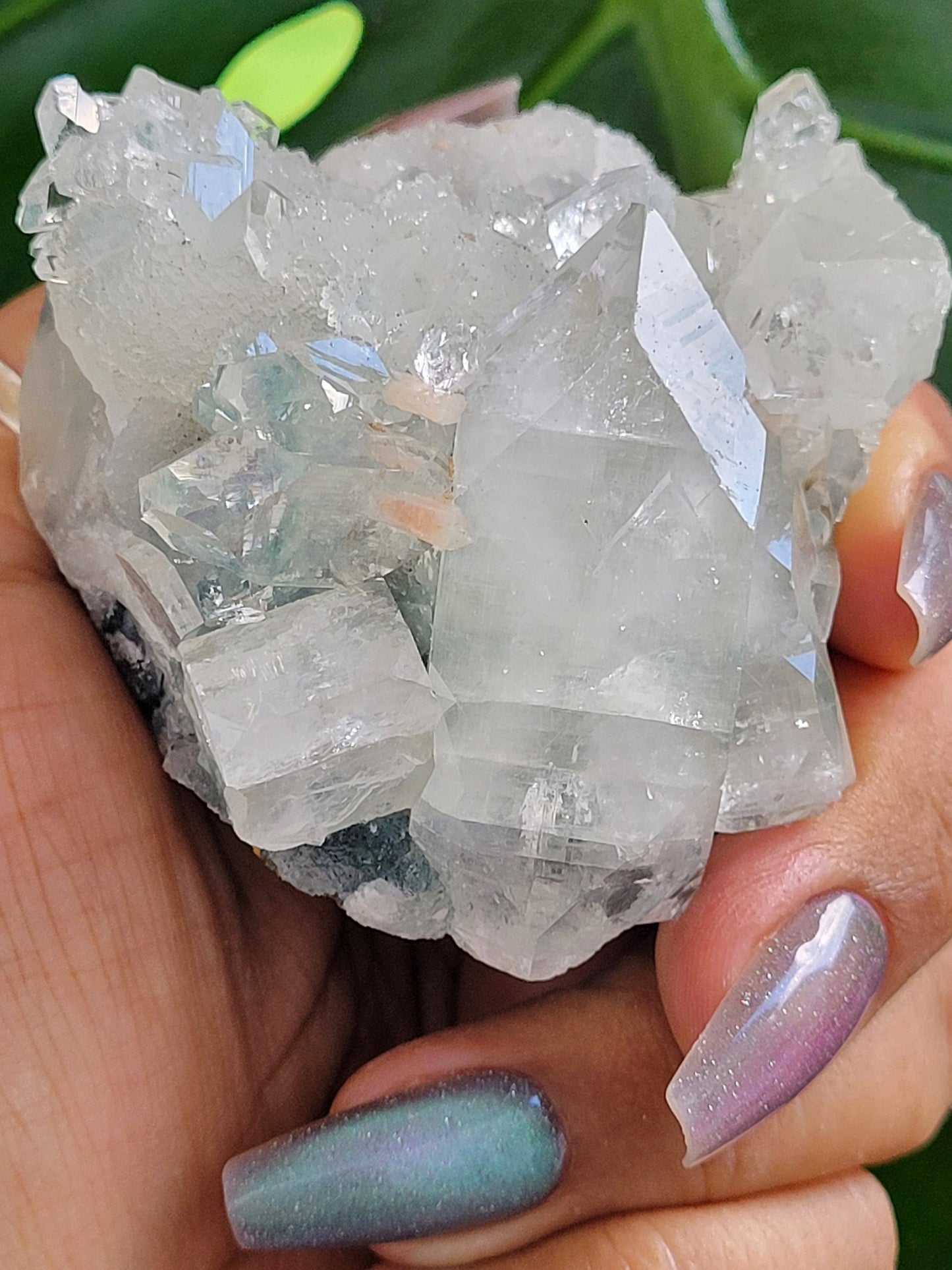 Gorgeous HQ Diamond Apophyllite with Peach Stilbite on Blue Chalcedony - India - Crystal Specimen - Crystal Collector - Home Decor - Gift