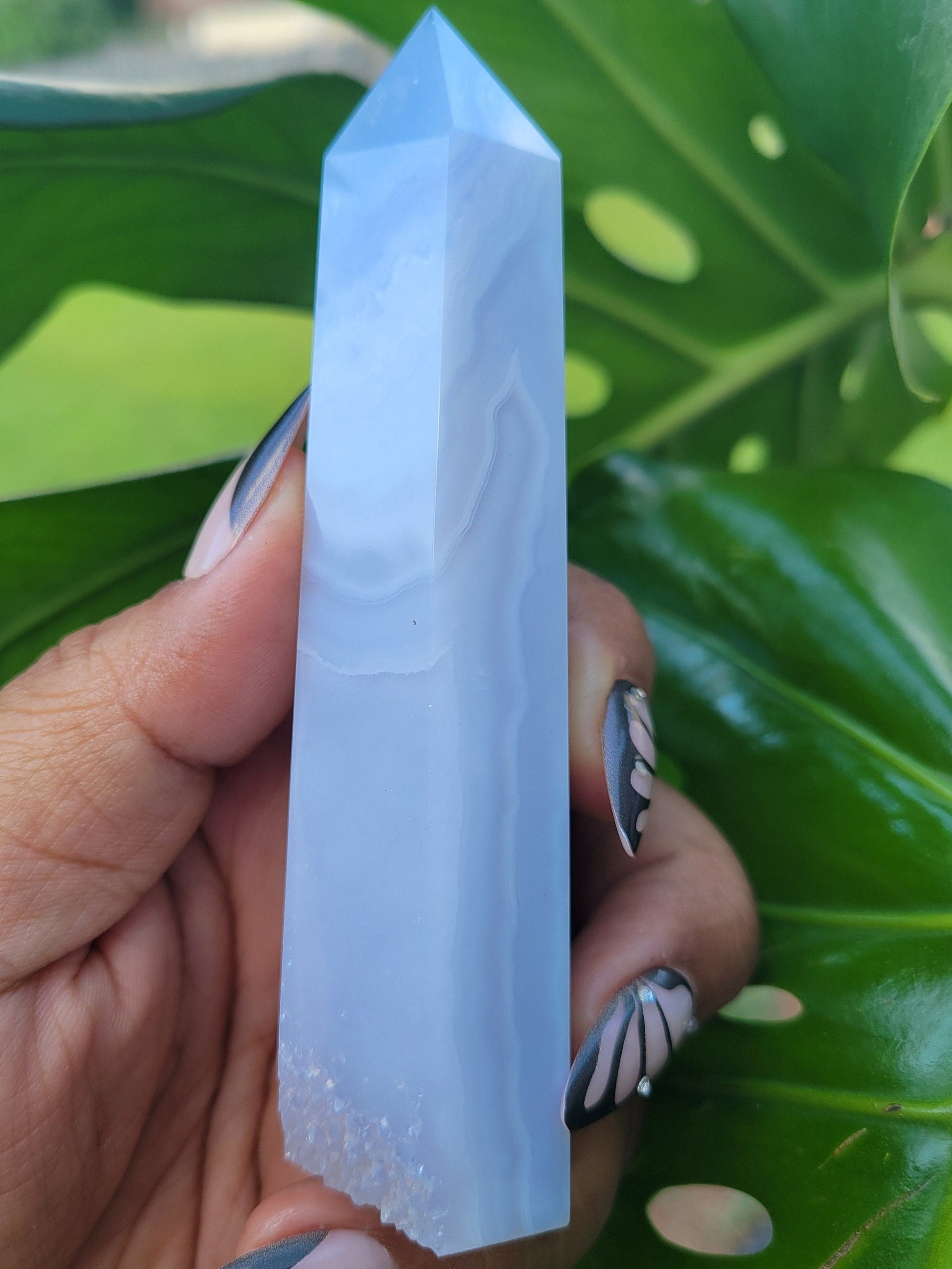 Beautiful Rare Druzy Blue Lace Agate Obelisk / Tower with Banding and Smoky Quartz | Birthday Christmas Gift Idea | Crystal Collectors