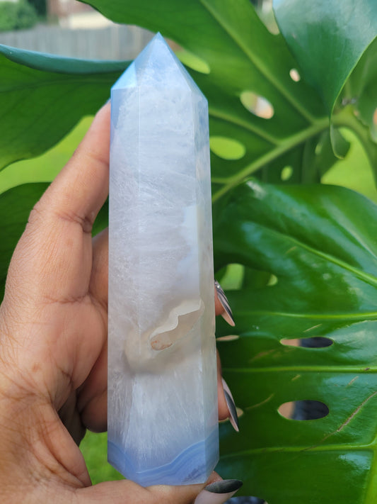 Beautiful Rare Druzy Blue Lace Agate Obelisk / Tower with Banding and Smoky Quartz | Birthday Christmas Gift Idea | Crystal Collectors