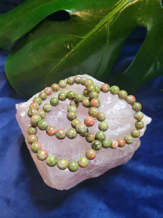 High Quality 8mm Crystal Beaded Unakite Bracelet - Green Epidote - Pink Feldspar - Quartz - Birthday - Anniversary - Love - Gift