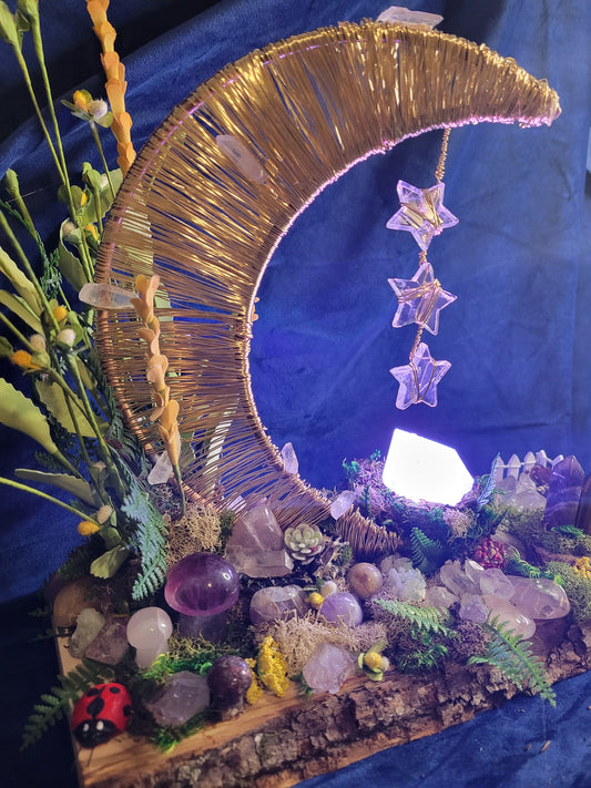 Mystical Luna-Handmade Custom Enchanted Crystal Forest-LED Stand-Crystal Sphere, Tower, Mushrooms, Stars,Magical, Love, 2.4lbs-Handmade-Gift