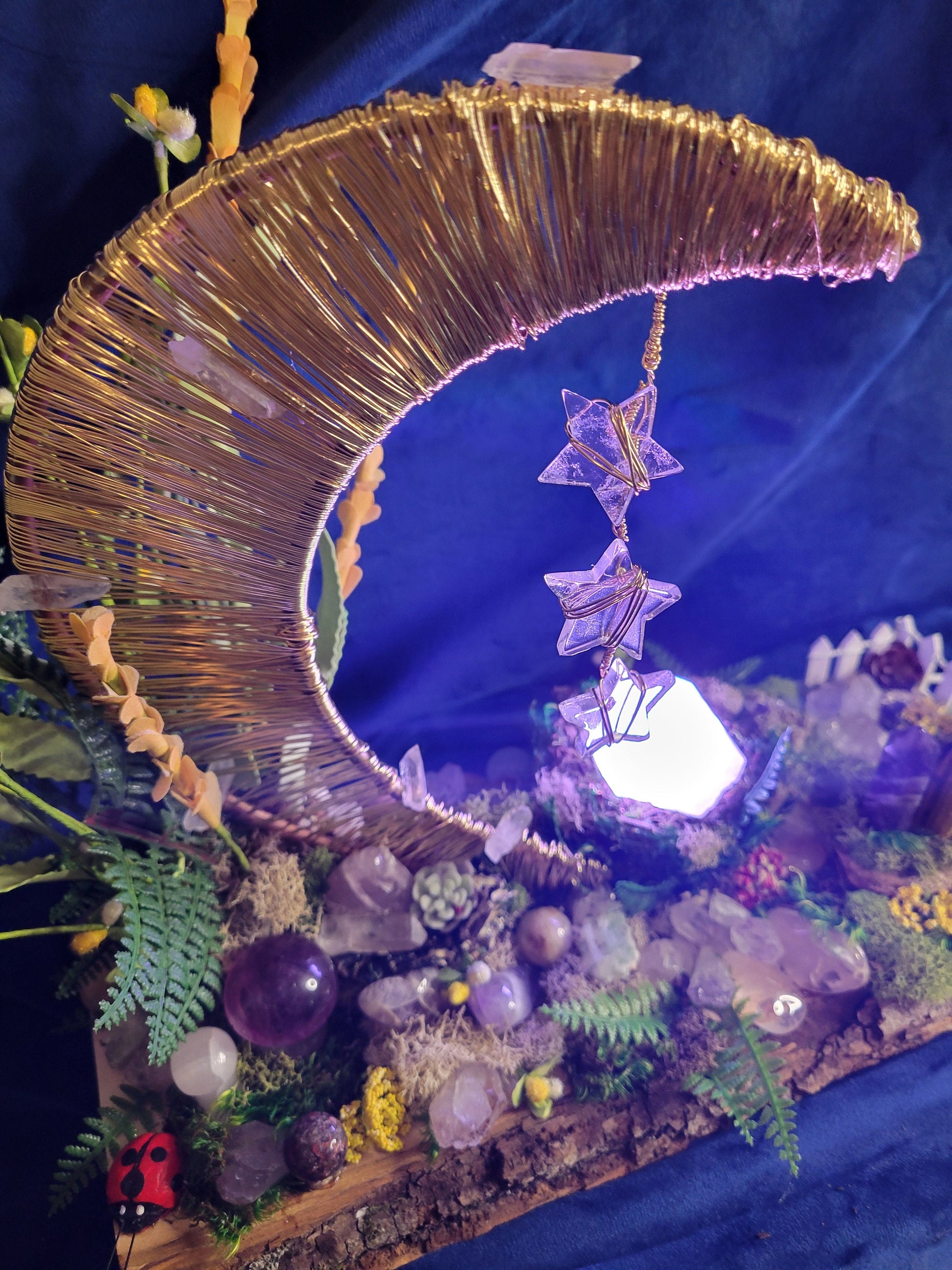 Mystical Luna-Handmade Custom Enchanted Crystal Forest-LED Stand-Crystal Sphere, Tower, Mushrooms, Stars,Magical, Love, 2.4lbs-Handmade-Gift