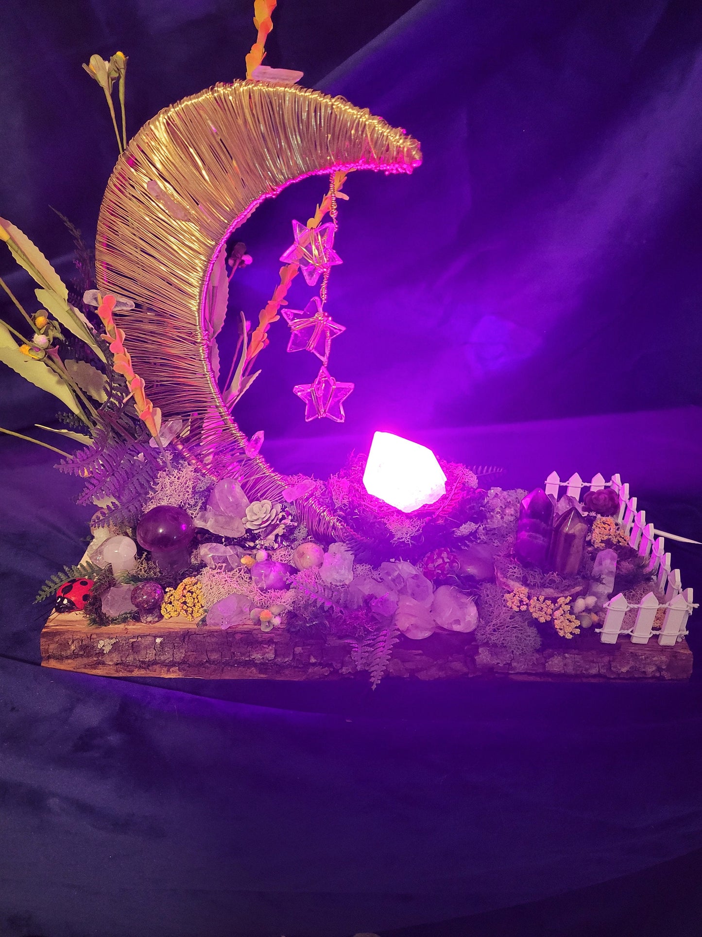 Mystical Luna-Handmade Custom Enchanted Crystal Forest-LED Stand-Crystal Sphere, Tower, Mushrooms, Stars,Magical, Love, 2.4lbs-Handmade-Gift