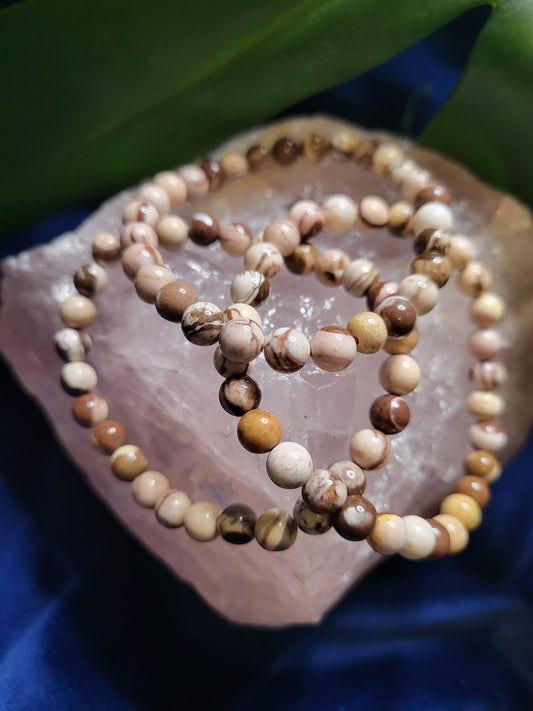 Beautiful 6mm Crystal Beaded Australian Zebra Jasper Bracelet - Taupe - Brown - Beige - Birthday - Anniversary - Love - Gift