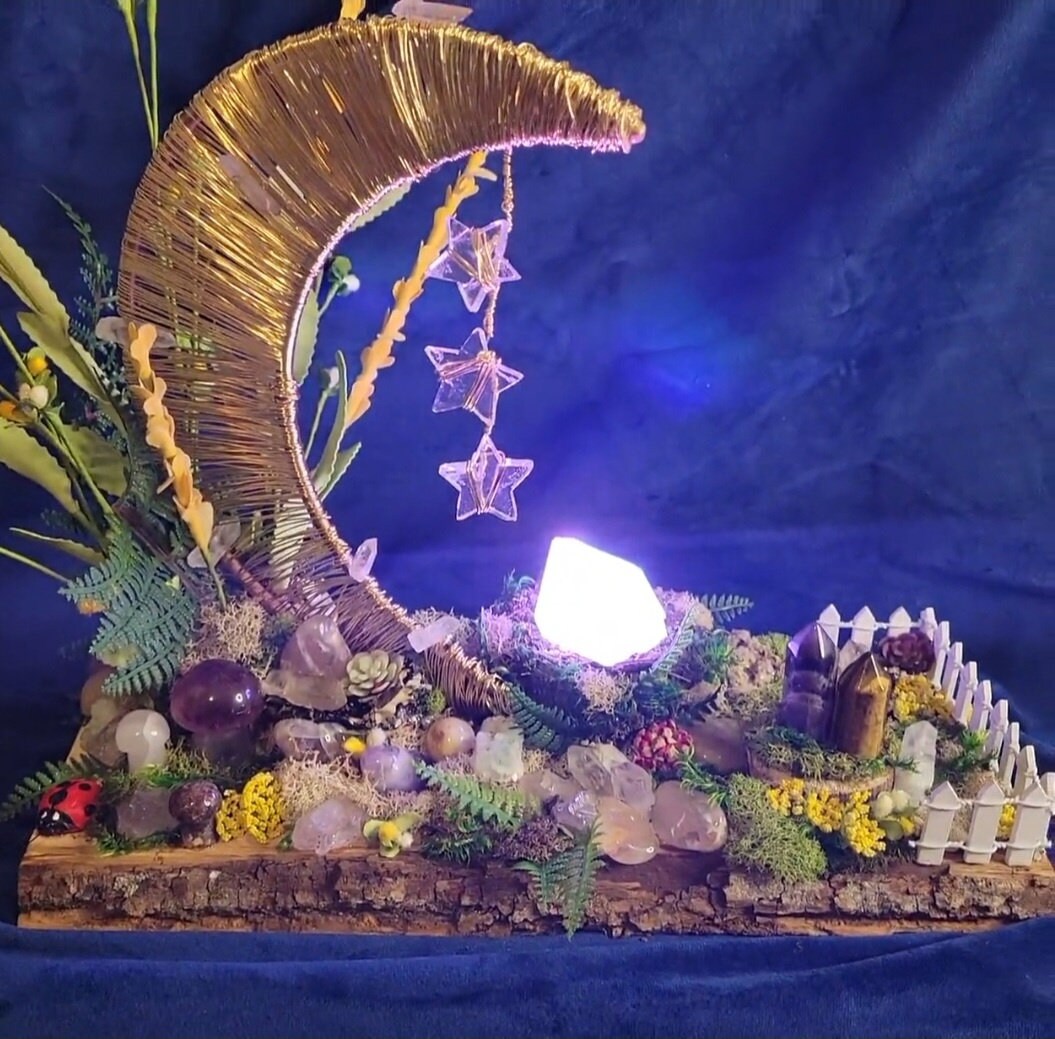 Mystical Luna-Handmade Custom Enchanted Crystal Forest-LED Stand-Crystal Sphere, Tower, Mushrooms, Stars,Magical, Love, 2.4lbs-Handmade-Gift