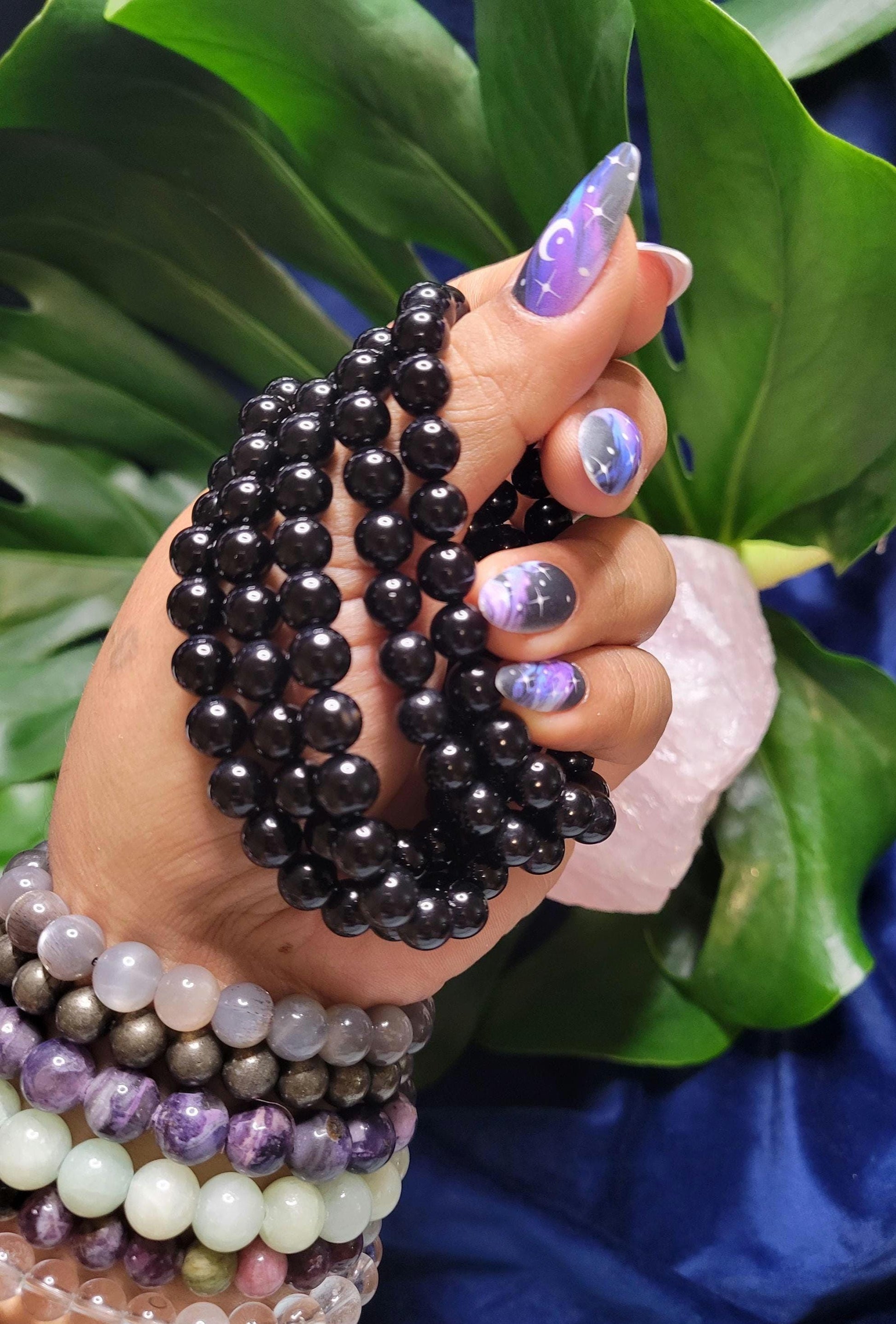 Black Onyx Crystal Beaded Bracelets - Wedding Party Anniversary Birthday Christmas Gift Ideas - 6mm
