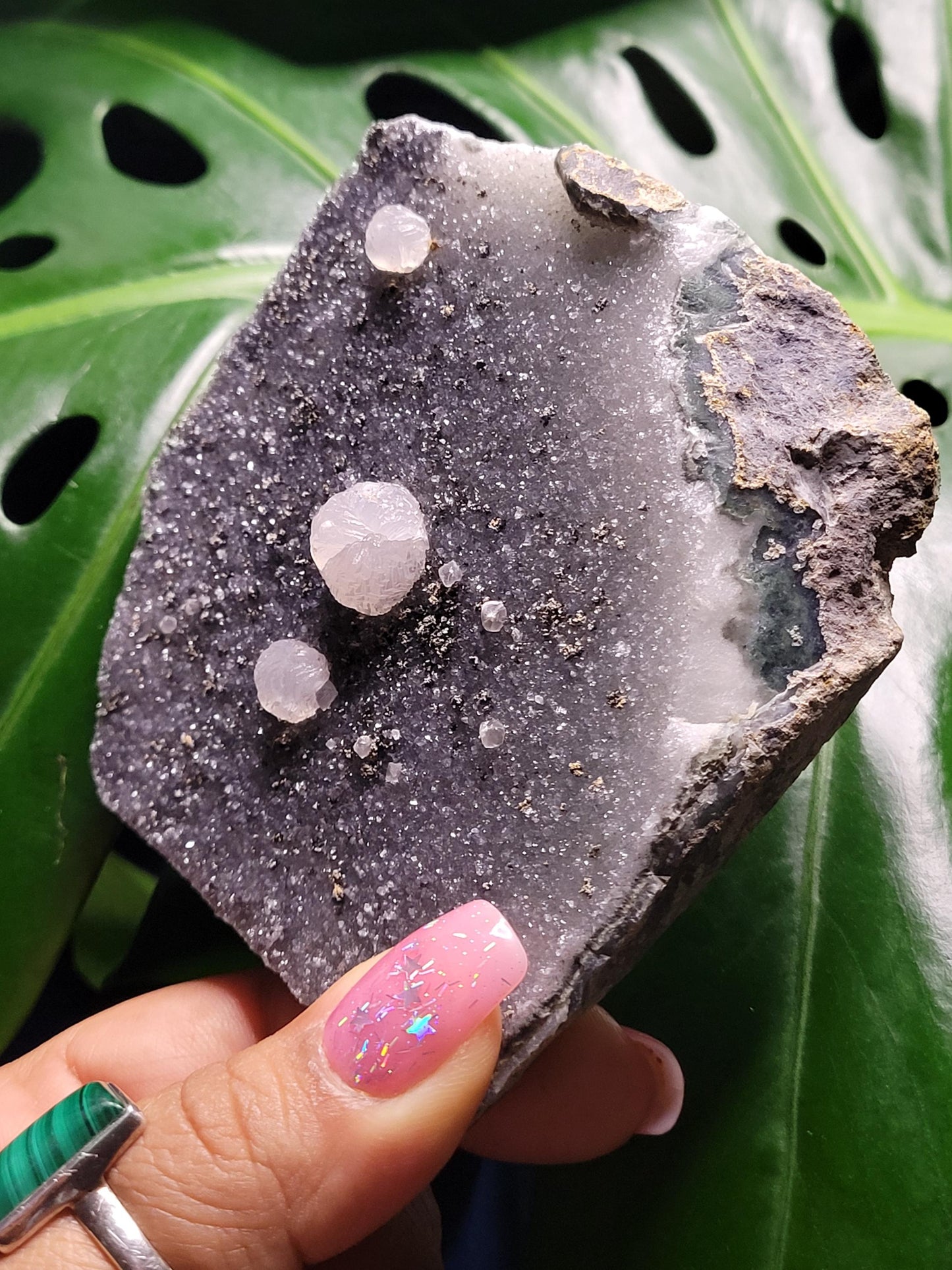 Beautiful Galaxy Amethyst Cutbase with Calcite and Pyrite inclusions-Uruguay-Home Decor-Crystal Collector-Gift Ideas-Black White Gold-228g