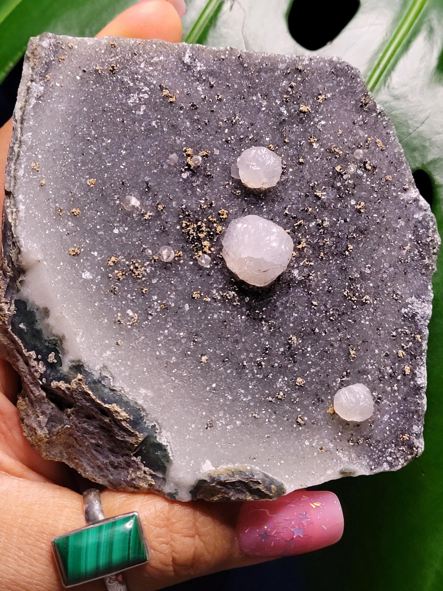 Beautiful Galaxy Amethyst Cutbase with Calcite and Pyrite inclusions-Uruguay-Home Decor-Crystal Collector-Gift Ideas-Black White Gold-228g