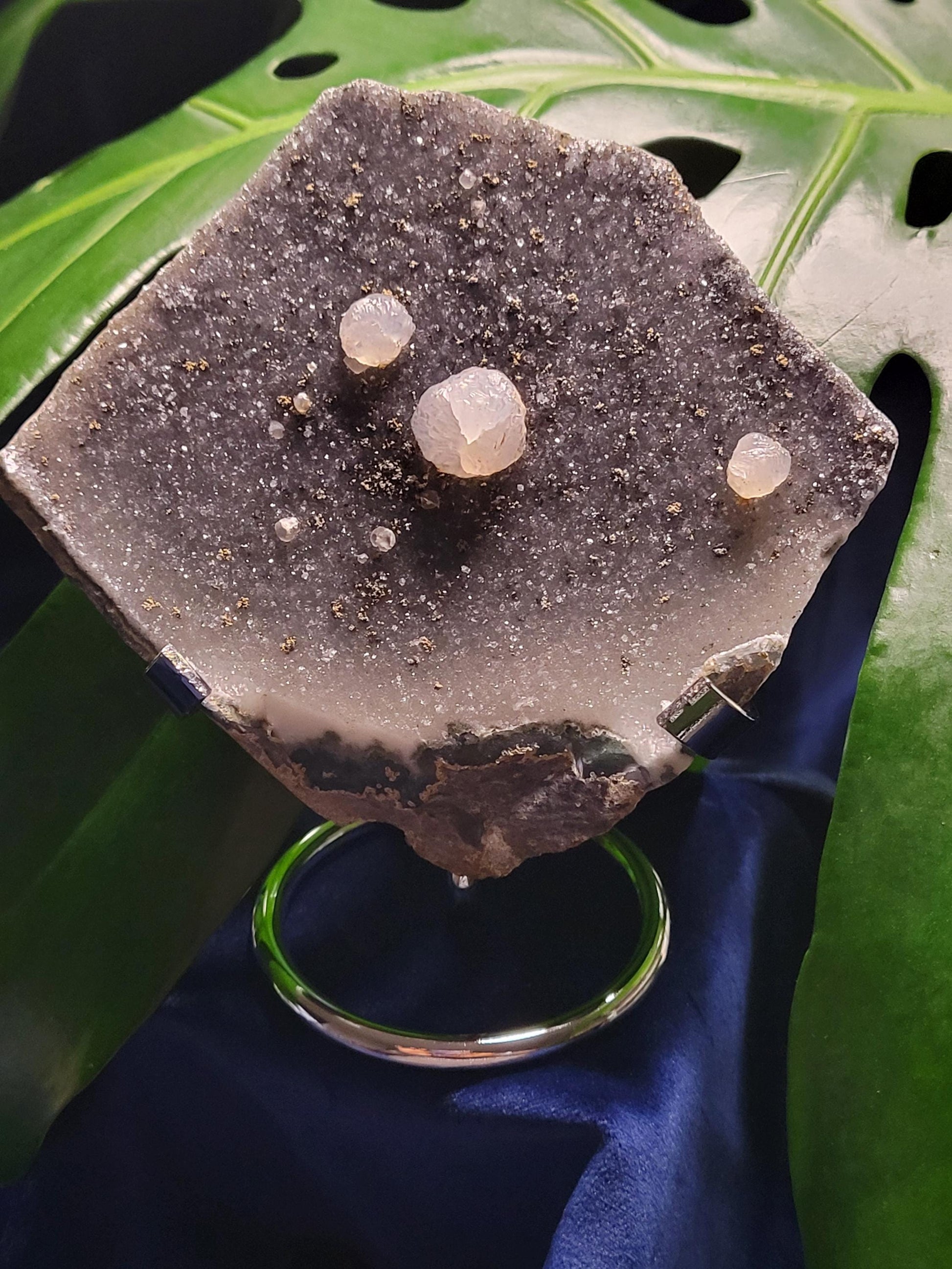 Beautiful Galaxy Amethyst Cutbase with Calcite and Pyrite inclusions-Uruguay-Home Decor-Crystal Collector-Gift Ideas-Black White Gold-228g