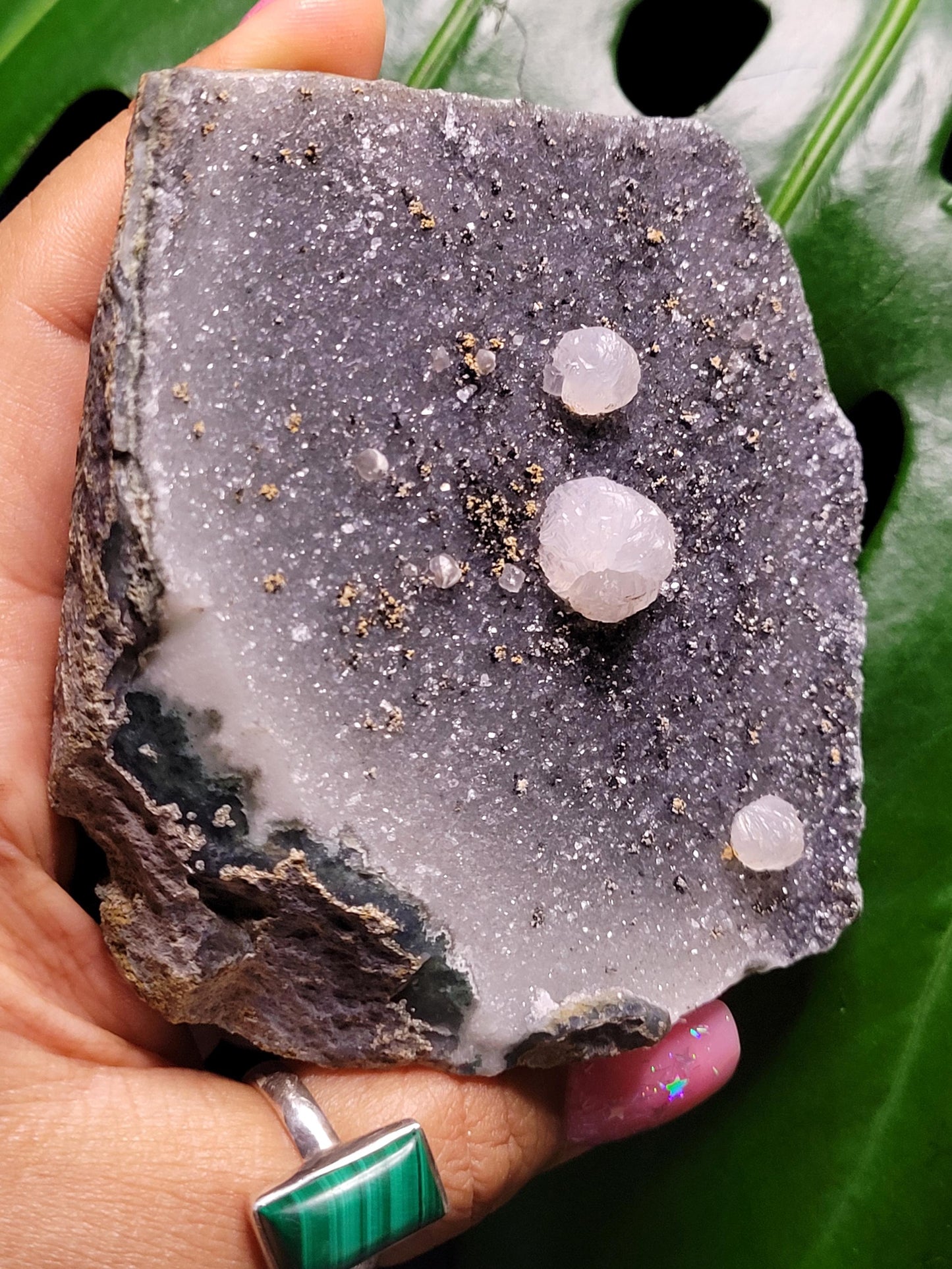 Beautiful Galaxy Amethyst Cutbase with Calcite and Pyrite inclusions-Uruguay-Home Decor-Crystal Collector-Gift Ideas-Black White Gold-228g
