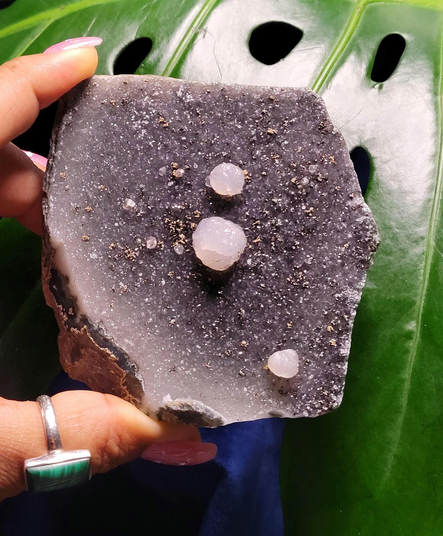 Beautiful Galaxy Amethyst Cutbase with Calcite and Pyrite inclusions-Uruguay-Home Decor-Crystal Collector-Gift Ideas-Black White Gold-228g