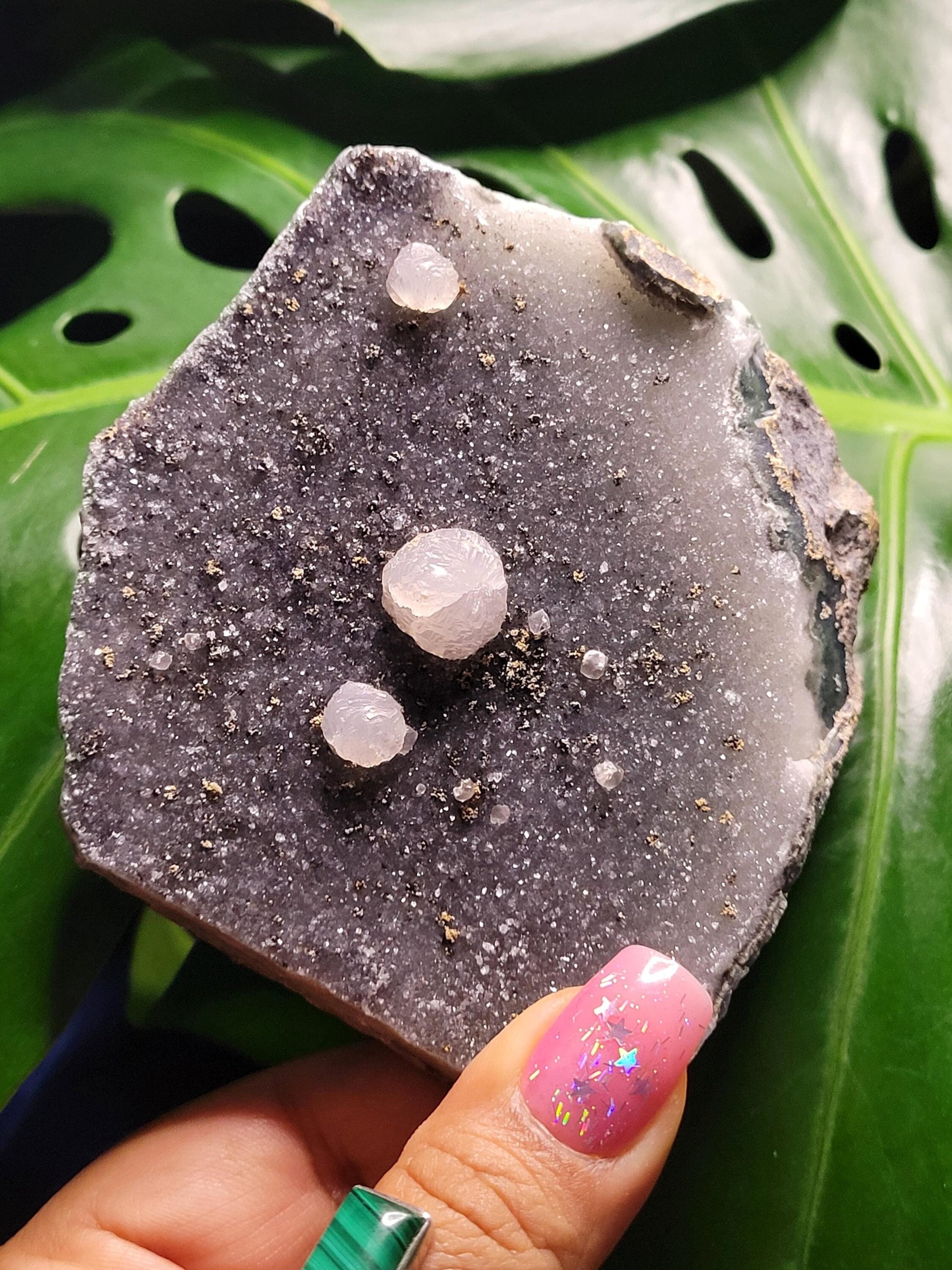Beautiful Galaxy Amethyst Cutbase with Calcite and Pyrite inclusions-Uruguay-Home Decor-Crystal Collector-Gift Ideas-Black White Gold-228g