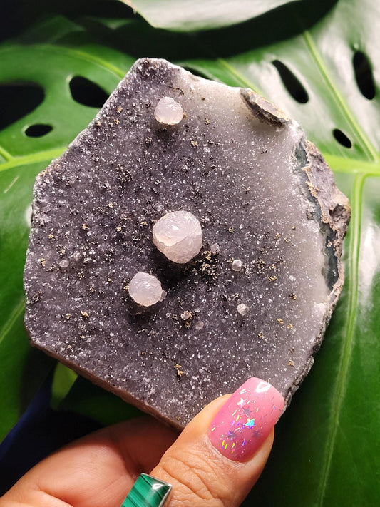 Beautiful Galaxy Amethyst Cutbase with Calcite and Pyrite inclusions-Uruguay-Home Decor-Crystal Collector-Gift Ideas-Black White Gold-228g