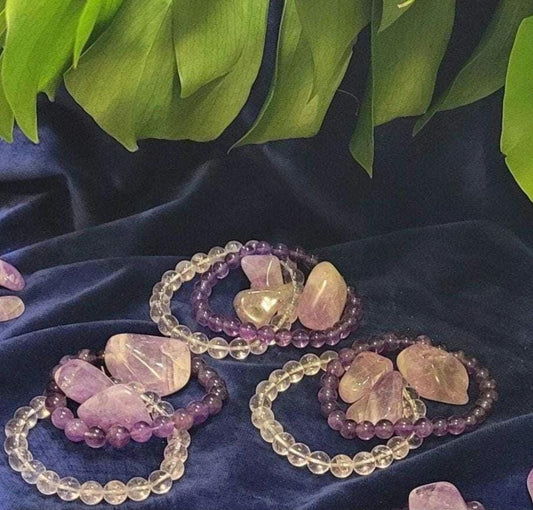 Set of (5) Awakening Gift Set |8mm Crystal Beaded Bracelets with Gemmy Amethyst Tumbles | Gift Ideas | Healing Awakening Clarity| Home Decor