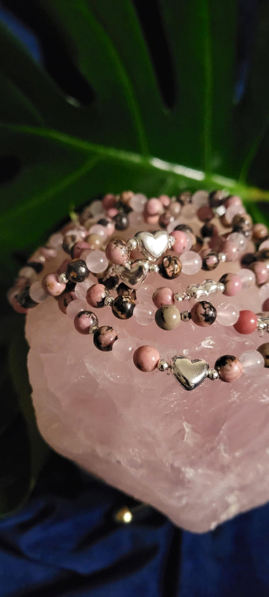Dainty Rhodonite & Rose Quartz Handmade Unique Bracelet | Gifts for her | Jewelry Accessories | Pink Black Silver | Valentines Love Gift