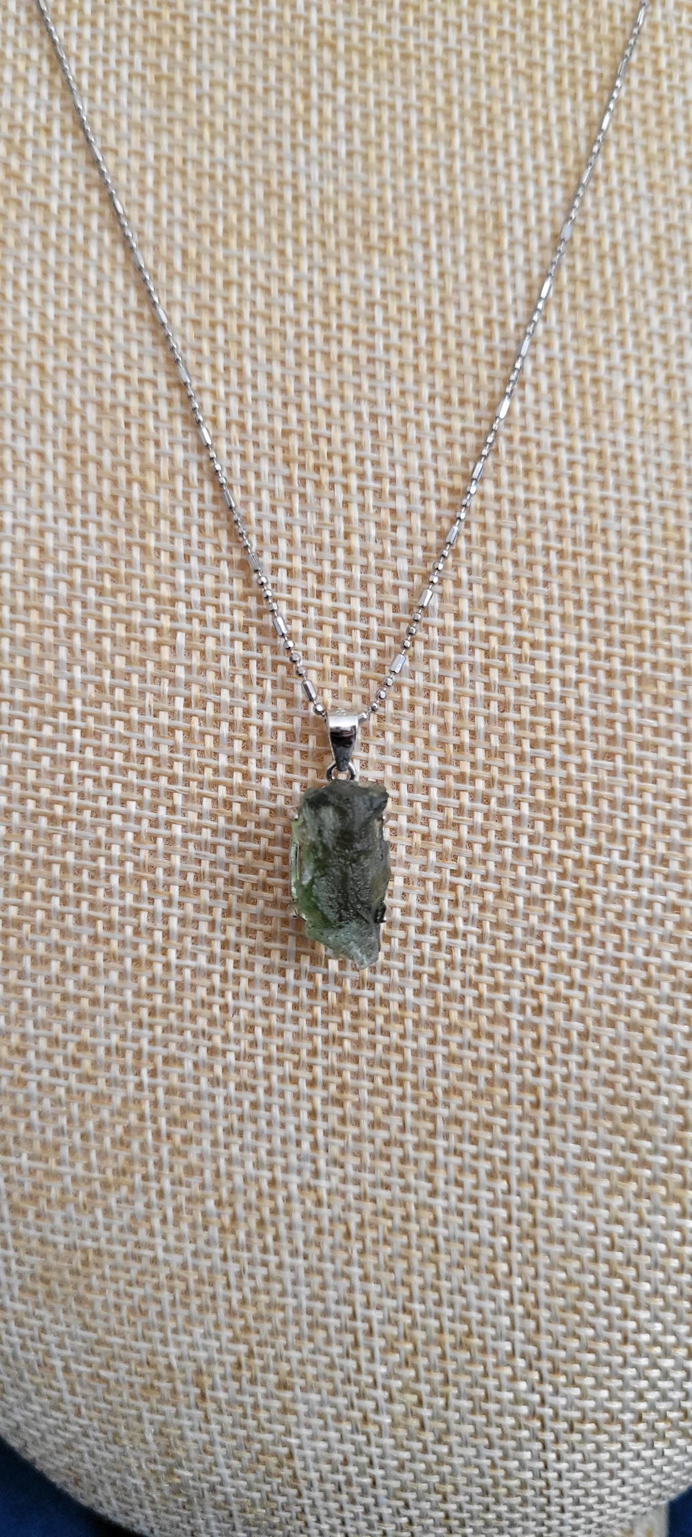 Authentic Moldavite Crystal Pendant with 18" Chain | Sterling Silver S925|Birthday Valentines Day Love You Gift |Green & Silver| All Chakras