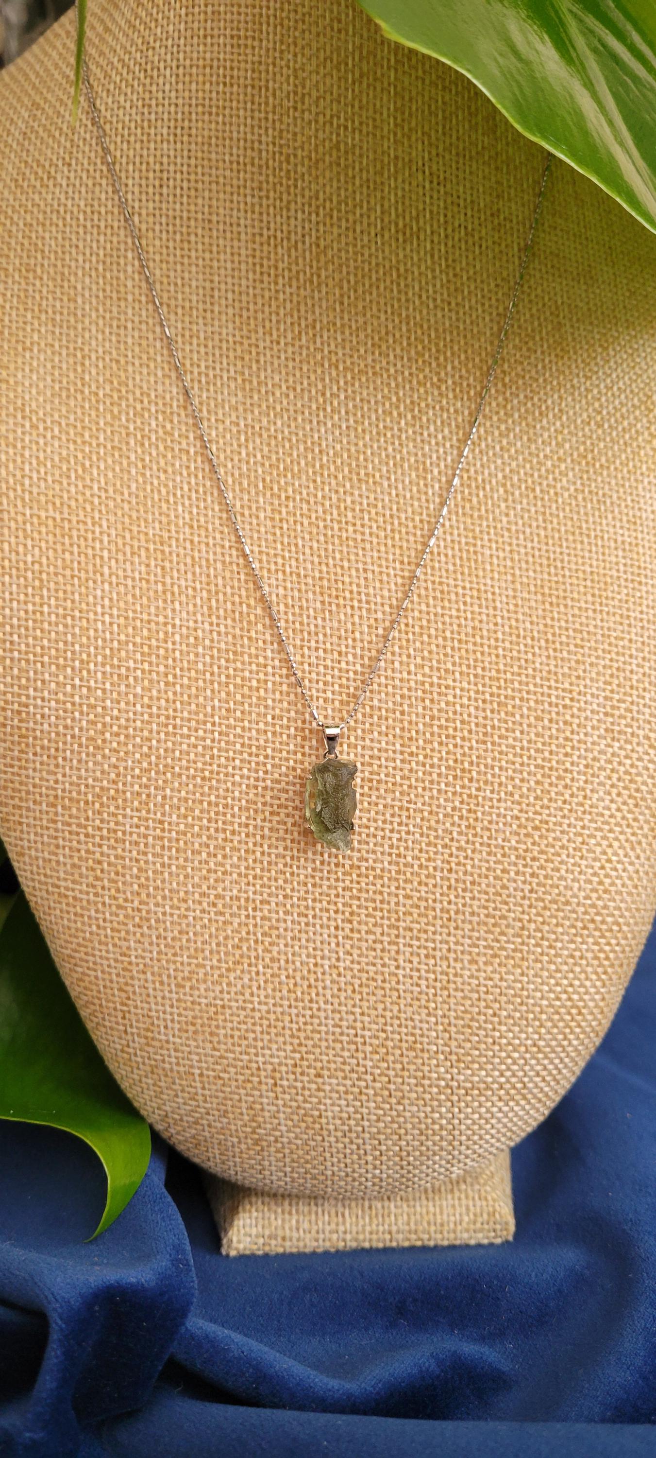 Authentic Moldavite Crystal Pendant with 18" Chain | Sterling Silver S925|Birthday Valentines Day Love You Gift |Green & Silver| All Chakras