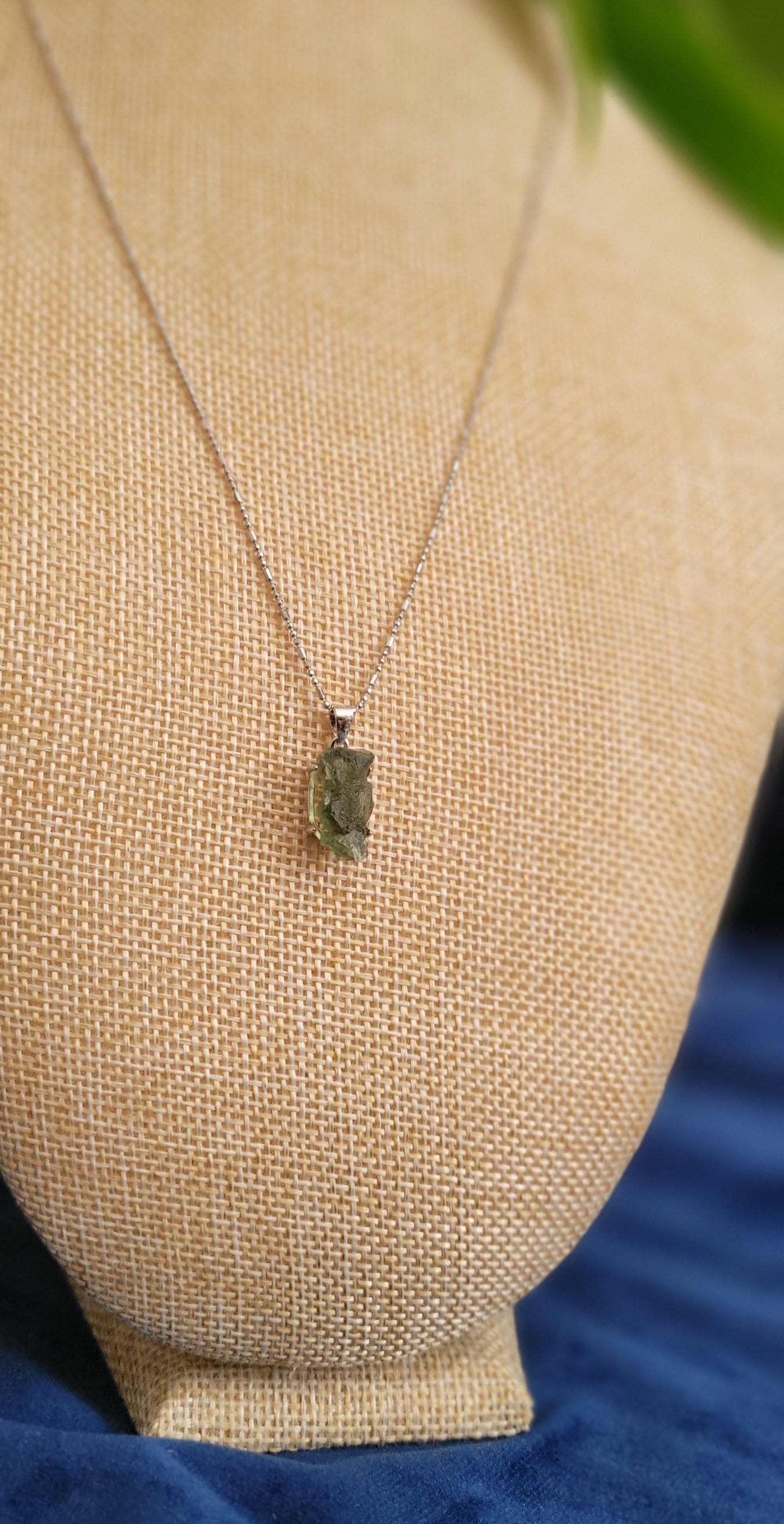 Authentic Moldavite Crystal Pendant with 18" Chain | Sterling Silver S925|Birthday Valentines Day Love You Gift |Green & Silver| All Chakras