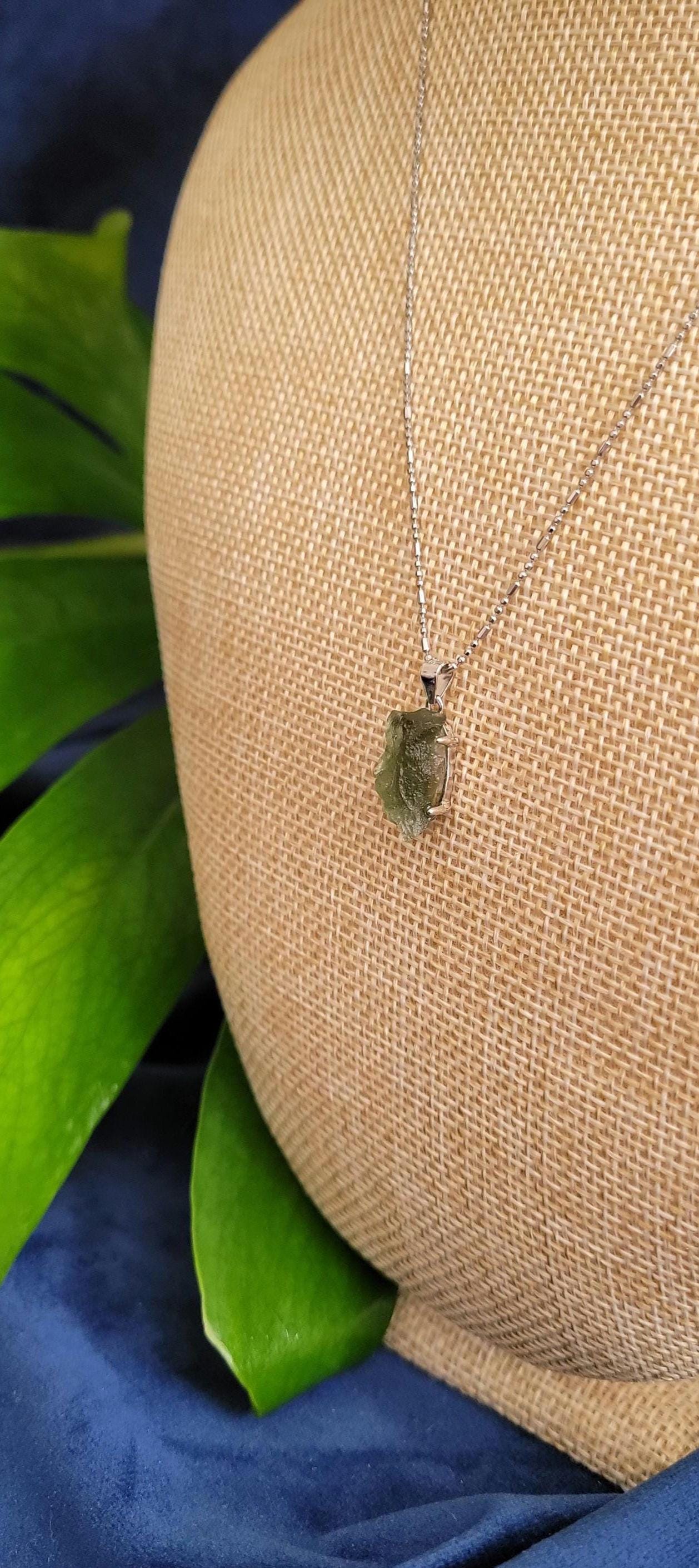 Authentic Moldavite Crystal Pendant with 18" Chain | Sterling Silver S925|Birthday Valentines Day Love You Gift |Green & Silver| All Chakras