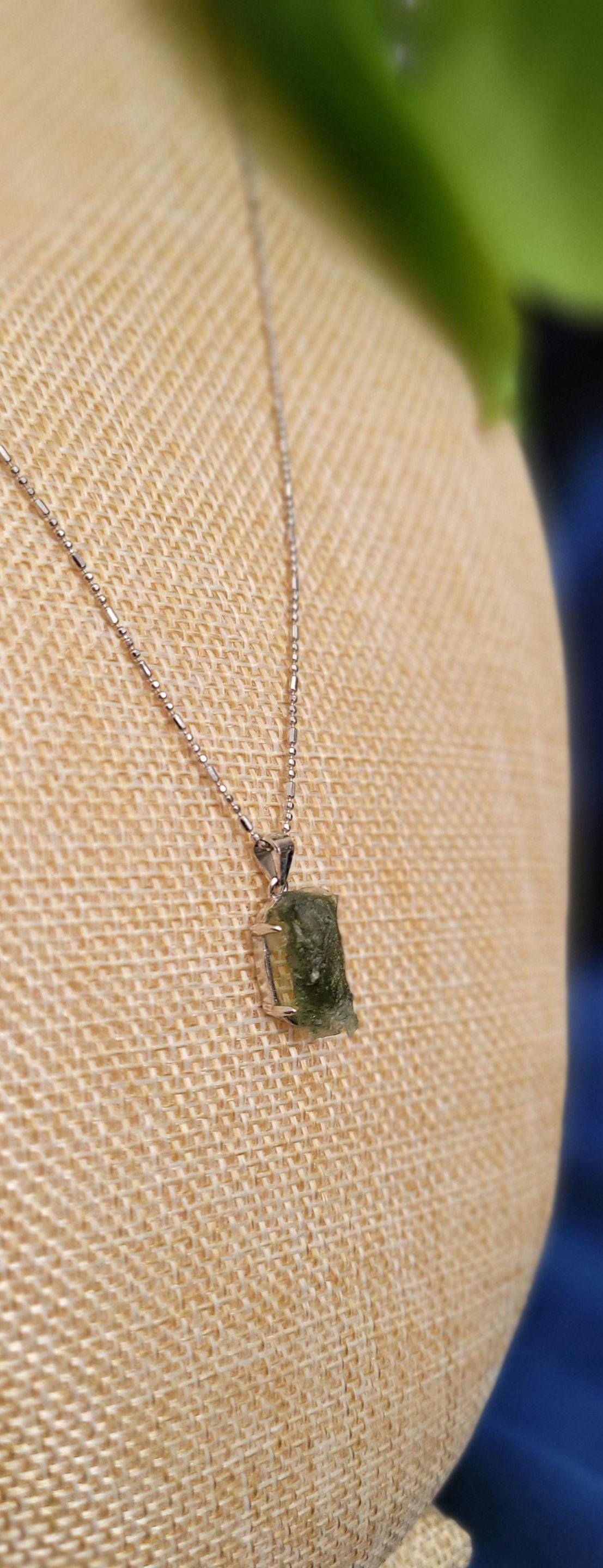 Authentic Moldavite Crystal Pendant with 18" Chain | Sterling Silver S925|Birthday Valentines Day Love You Gift |Green & Silver| All Chakras