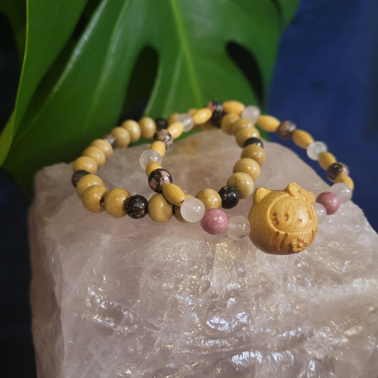 Dainty Bracelet Set with Hello Kitty Bead Charm | Rhodonite & Rose Quartz | Handmade Jewelry | Valentines Love Gift | Pastel Pink | Unique