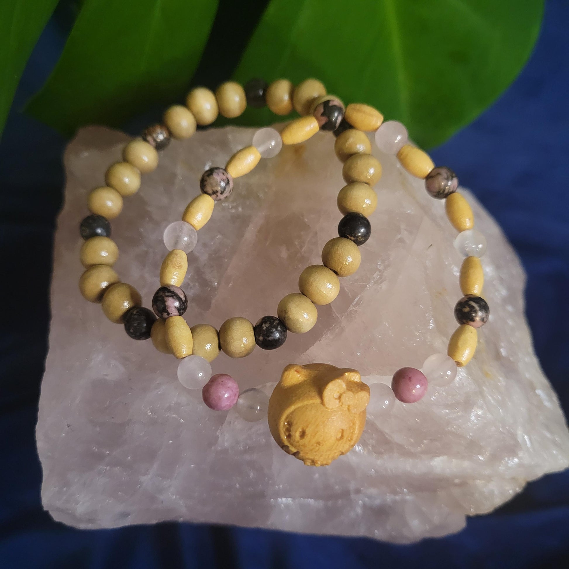 Dainty Bracelet Set with Hello Kitty Bead Charm | Rhodonite & Rose Quartz | Handmade Jewelry | Valentines Love Gift | Pastel Pink | Unique