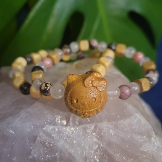 Dainty Bracelet Set with Hello Kitty Bead Charm | Rhodonite & Rose Quartz | Handmade Jewelry | Valentines Love Gift | Pastel Pink | Unique
