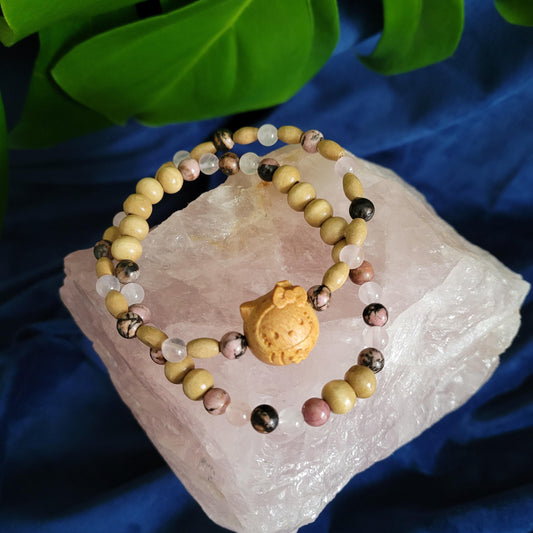 Dainty Bracelet Set with Hello Kitty Bead Charm | Rhodonite & Rose Quartz | Handmade Jewelry | Valentines Love Gift | Pretty Pastel Pink