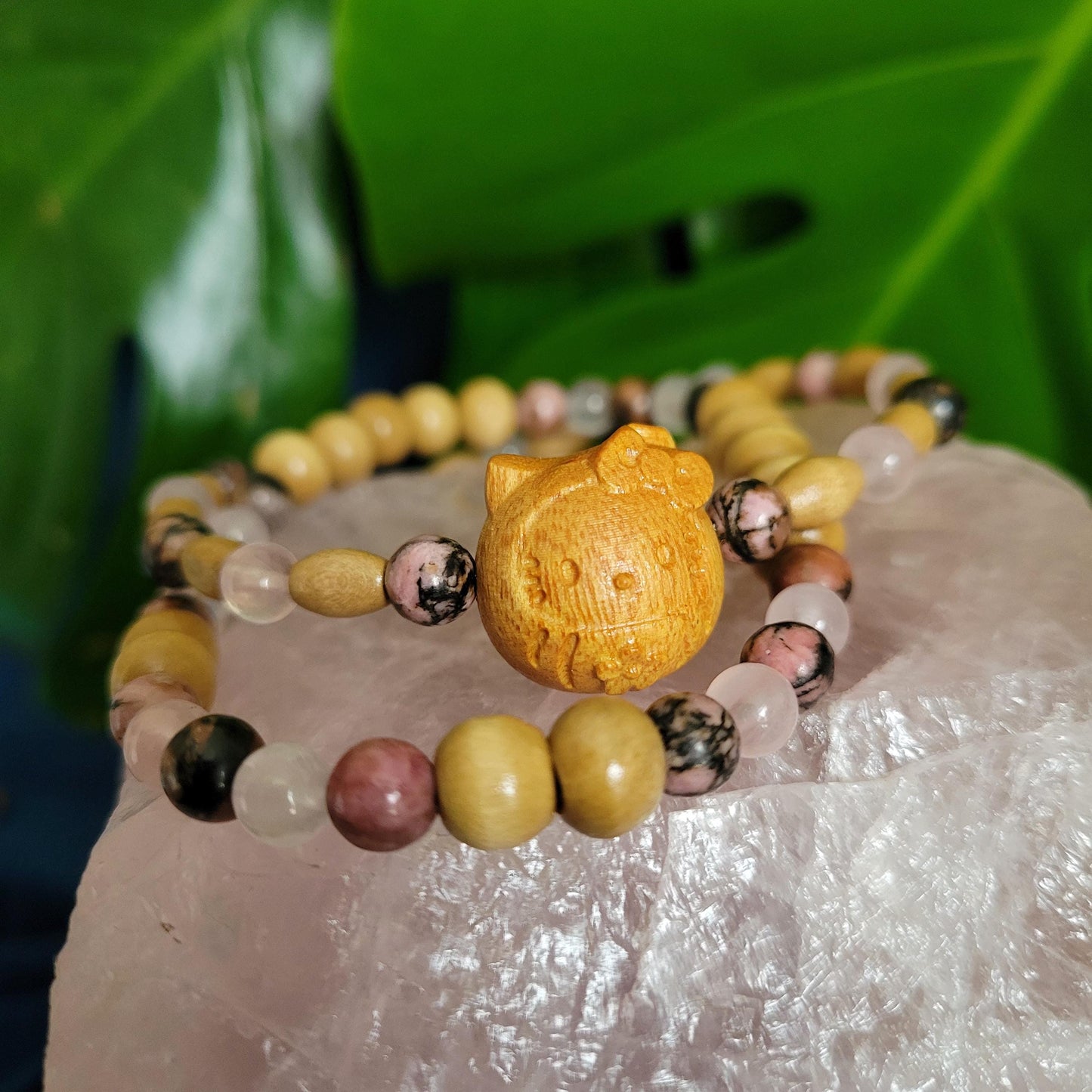 Dainty Bracelet Set with Hello Kitty Bead Charm | Rhodonite & Rose Quartz | Handmade Jewelry | Valentines Love Gift | Pretty Pastel Pink