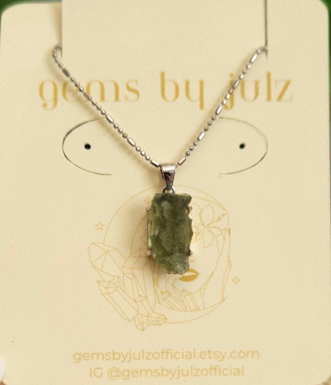 Authentic Moldavite Crystal Pendant with 18" Chain | Sterling Silver S925|Birthday Valentines Day Love You Gift |Green & Silver| All Chakras