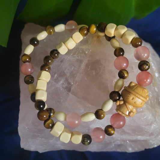 Dainty Bracelet Set with Hello Kitty Bead Charm | Cherry Quartz & Tigers Eye | Handmade Jewelry | Valentines Love Gift | Cute Unique Pastels