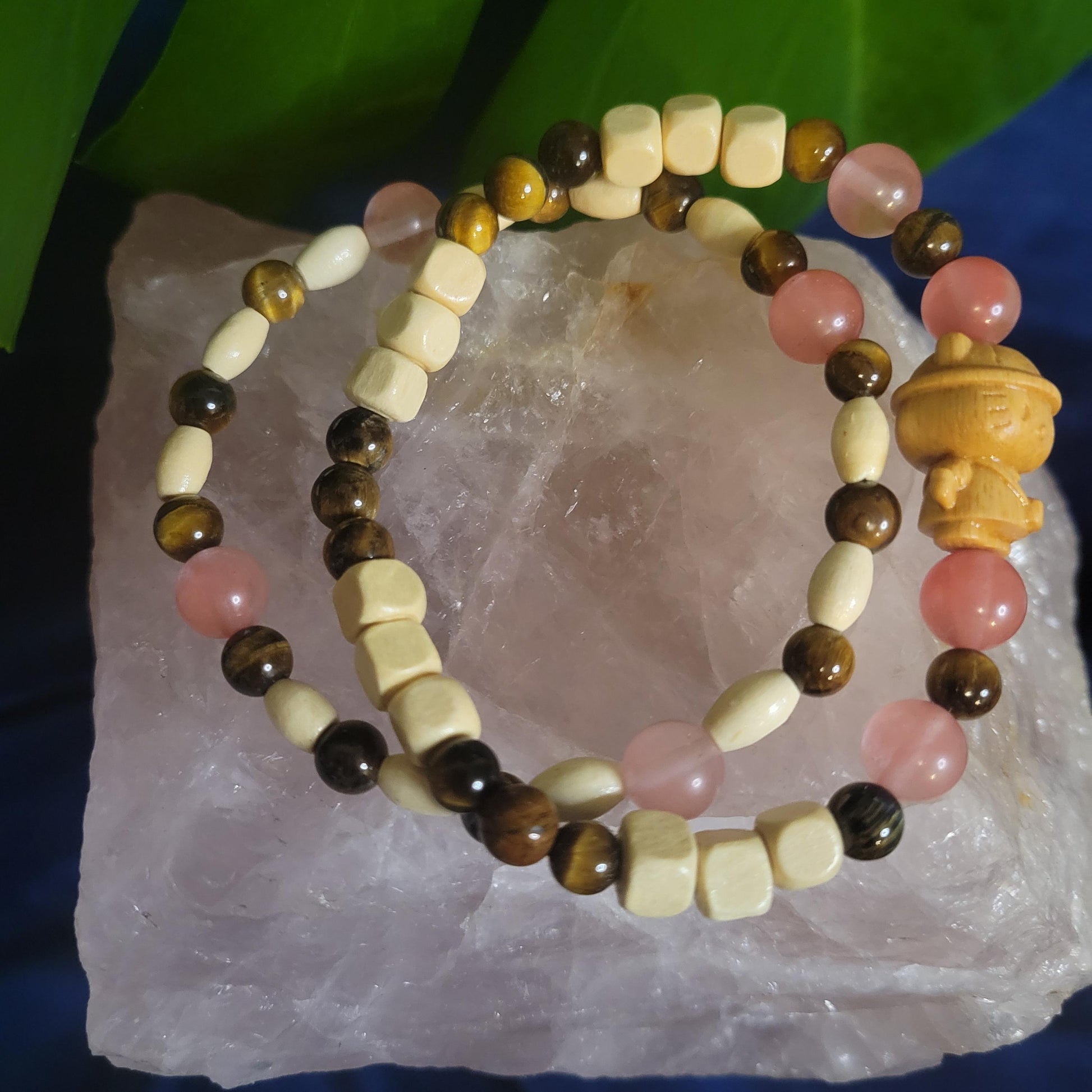 Dainty Bracelet Set with Hello Kitty Bead Charm | Cherry Quartz & Tigers Eye | Handmade Jewelry | Valentines Love Gift | Cute Unique Pastels
