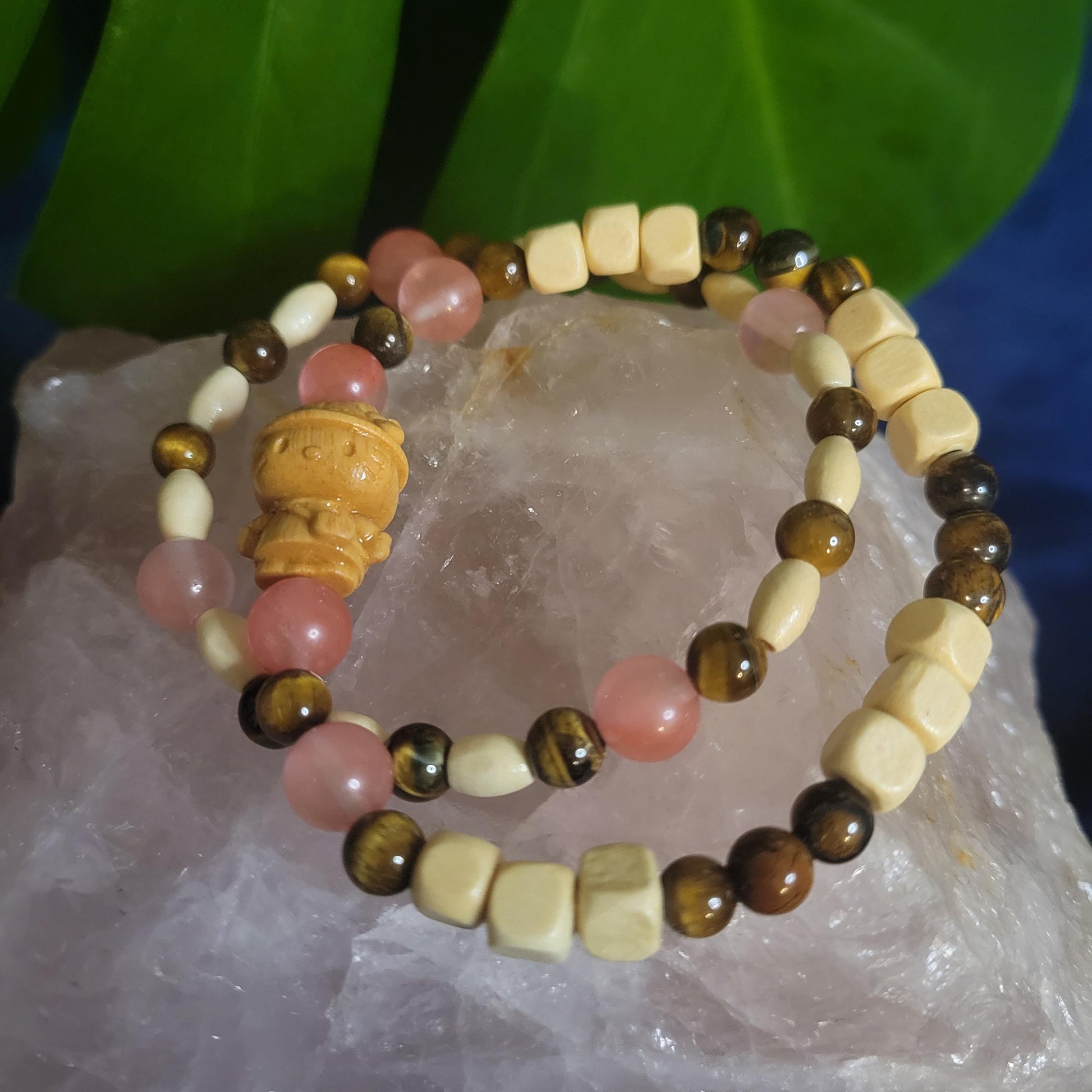 Dainty Bracelet Set with Hello Kitty Bead Charm | Cherry Quartz & Tigers Eye | Handmade Jewelry | Valentines Love Gift | Cute Unique Pastels