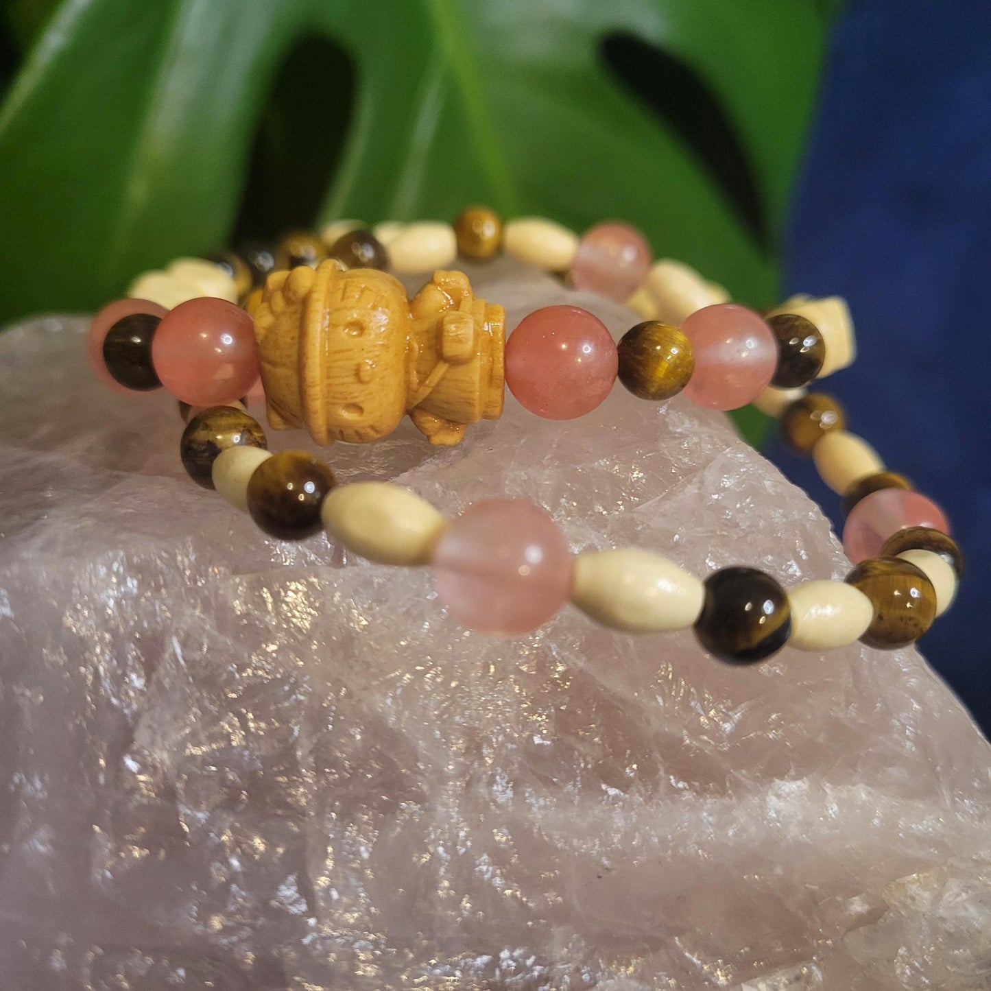 Dainty Bracelet Set with Hello Kitty Bead Charm | Cherry Quartz & Tigers Eye | Handmade Jewelry | Valentines Love Gift | Cute Unique Pastels