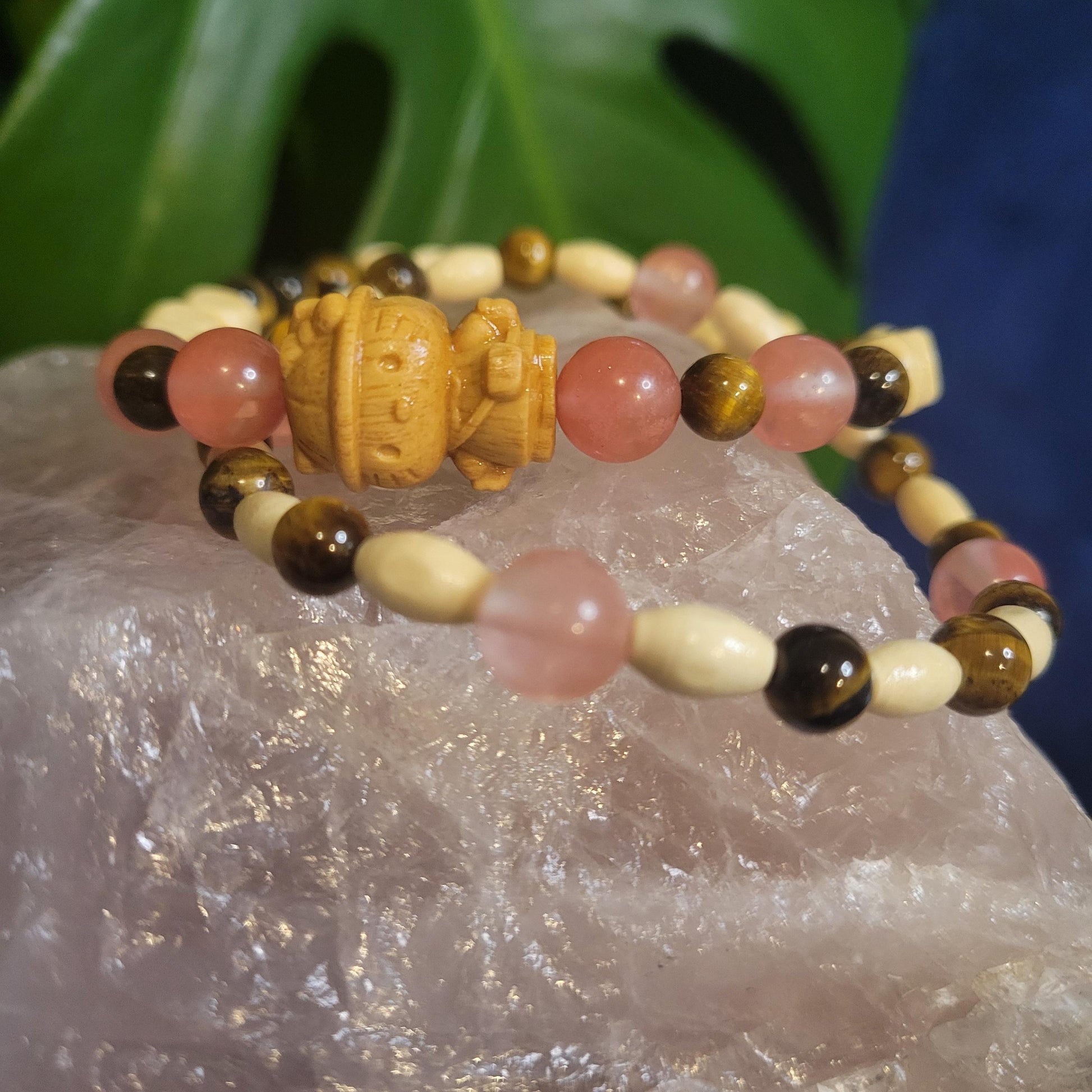 Dainty Bracelet Set with Hello Kitty Bead Charm | Cherry Quartz & Tigers Eye | Handmade Jewelry | Valentines Love Gift | Cute Unique Pastels