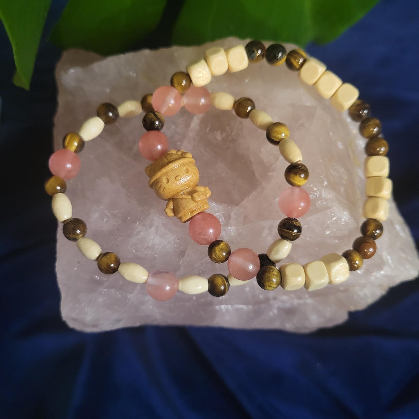 Dainty Bracelet Set with Hello Kitty Bead Charm | Cherry Quartz & Tigers Eye | Handmade Jewelry | Valentines Love Gift | Cute Unique Pastels