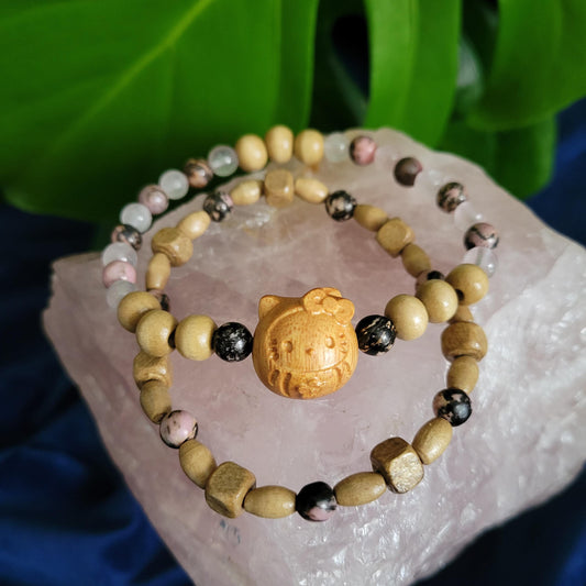 Dainty Bracelet Set with Hello Kitty Bead Charm | Rhodonite & Rose Quartz | Handmade Jewelry | Valentines Love Gift | Pretty Pastel Pink