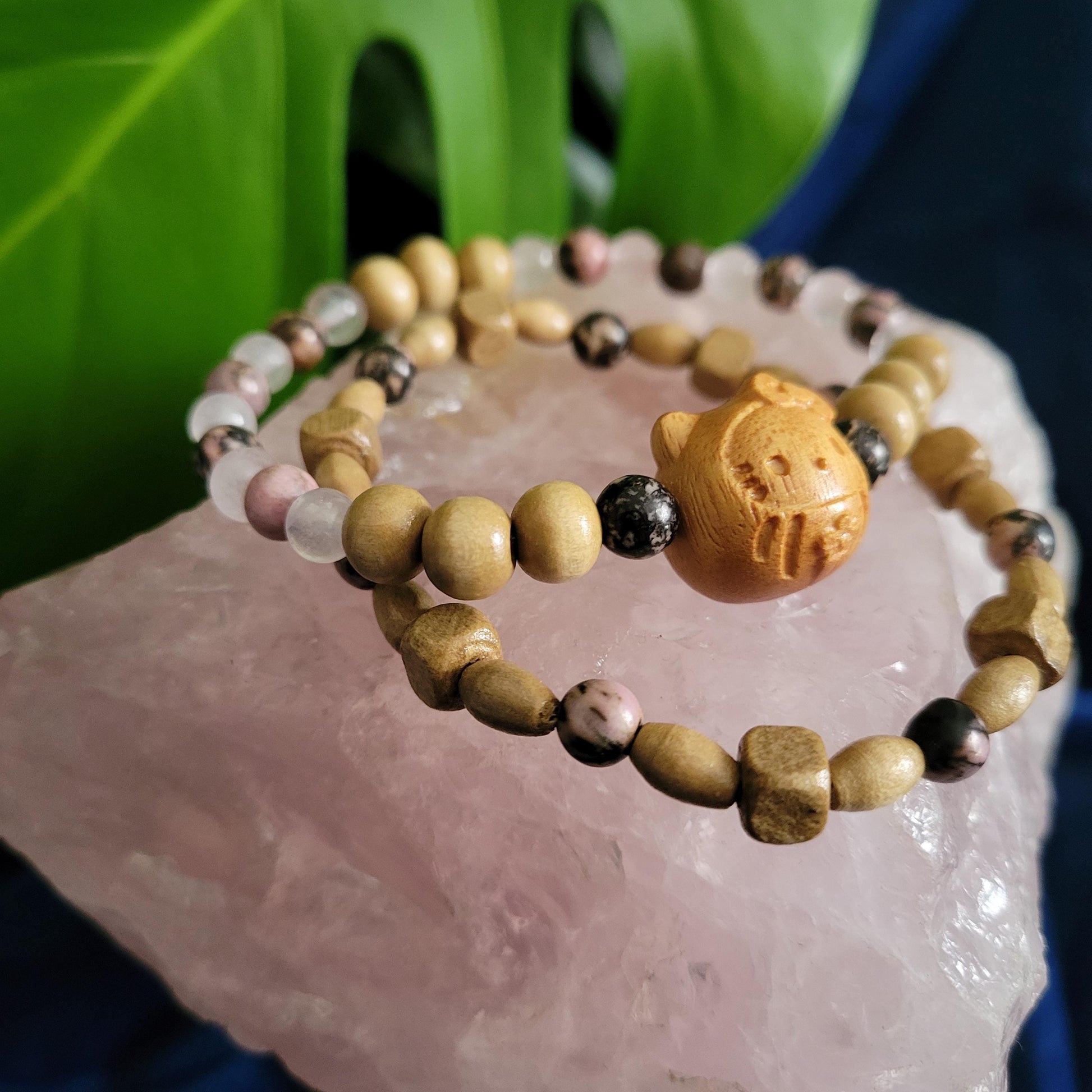 Dainty Bracelet Set with Hello Kitty Bead Charm | Rhodonite & Rose Quartz | Handmade Jewelry | Valentines Love Gift | Pretty Pastel Pink