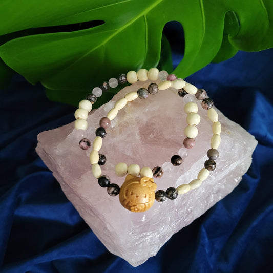 Dainty Bracelet Set with Hello Kitty Bead Charm | Rhodonite & Rose Quartz | Handmade Jewelry | Valentines Love Gift | Pretty Pastel Pink
