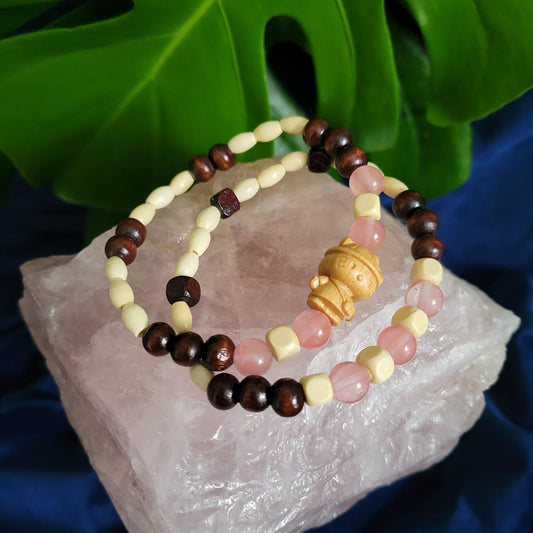 Dainty Bracelet Set with Hello Kitty Bead Charm | Cherry Quartz Crystal Beads | Handmade Jewelry | Valentines Love Gift | Pretty in Pastels