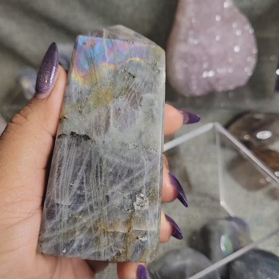 Gorgeous Purple & Pink Flash Labradorite Tower from Madagascar | Meditation Tool | Third Eye Chakra | Rainbow Flash | Crystal Collector Gift
