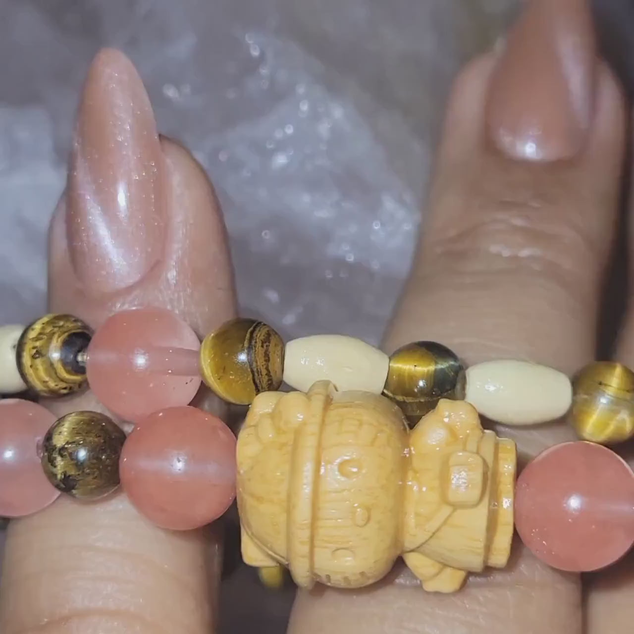 Dainty Bracelet Set with Hello Kitty Bead Charm | Cherry Quartz & Tigers Eye | Handmade Jewelry | Valentines Love Gift | Cute Unique Pastels